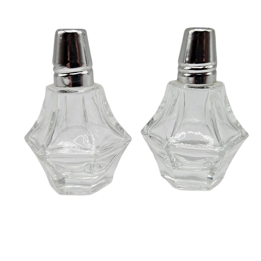 Vintage Clear Glass Salt & Pepper Shakers Chrome Tops Pair